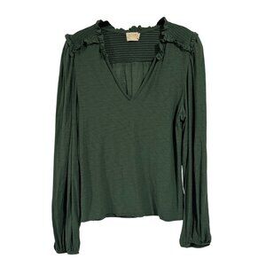 Nation LTD Dolly Smocked Shoulder‎ V-Neck Tee in Evergreen Size XL